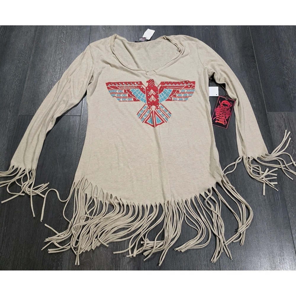 NWT Rock & Roll Cowgirl Fringe T Shirt Women L Tan Native Thunderbird Aztec